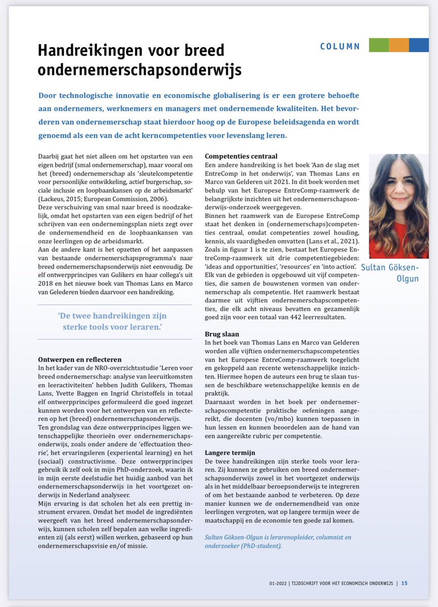 Mijn eerste column van 2022 in het Tijdschrift voor Economisch Onderwijs (TEO), met daarin handreikingen voor breed ondernemerschapsonderwijs. #ondernemerschapsonderwijs #onderzoek #mbo #vo
