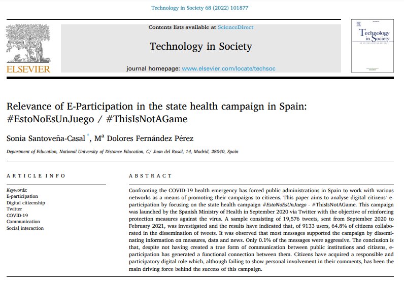 EducacionUNED's tweet image. 🗣️ LA FACULTAD INVESTIGA 🧐👉 Sonia Santoveña-Casal @ssantovena y Mª Dolores Fernández Pérez publican "Relevance of E-Participation in the state health campaign in Spain: #EstoNoEsUnJuego / #ThisIsNotAGame" en la revista 'Technology in Society' doi.org/10.1016/j.tech… ¡Bravo!