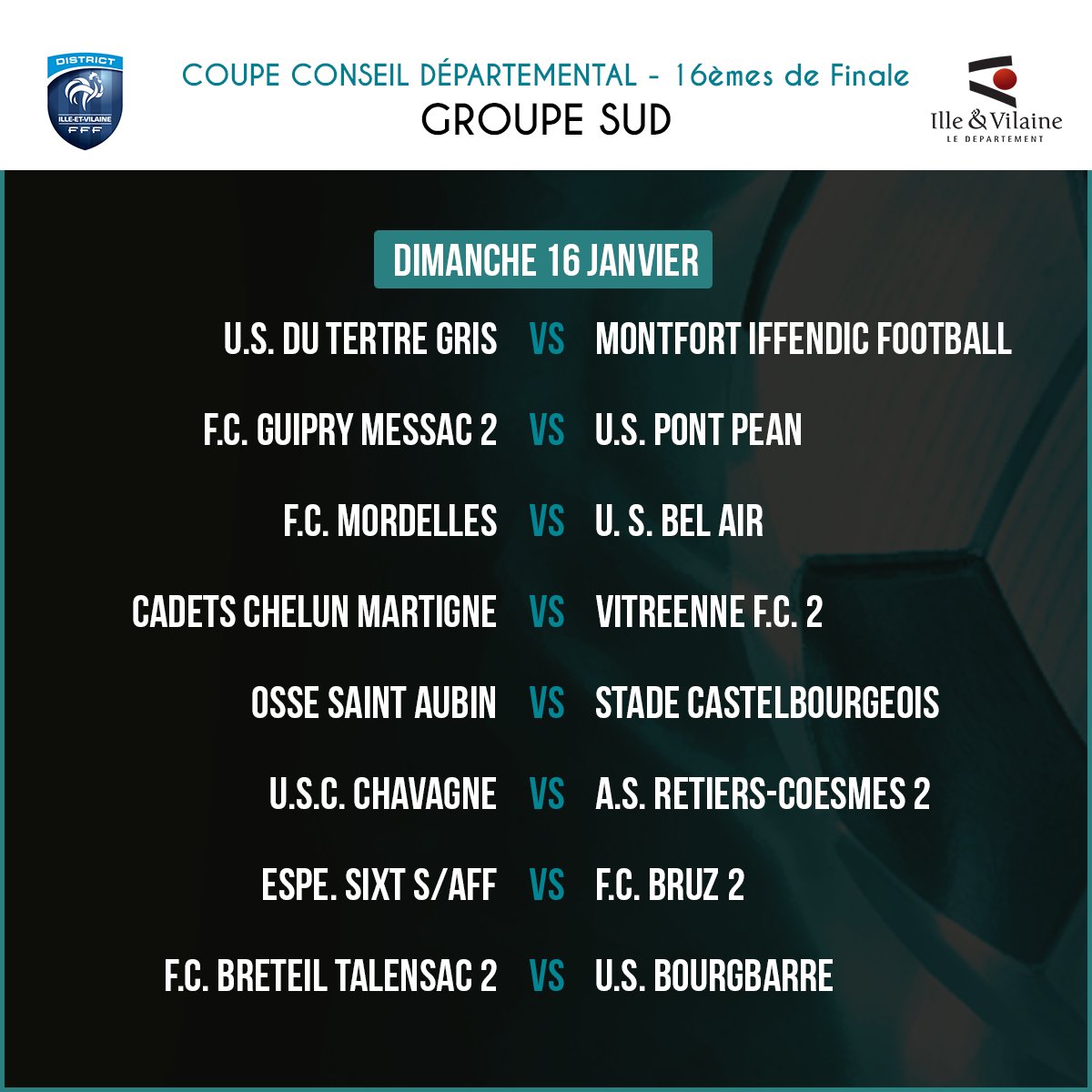 DistrictFoot35's tweet photo. 🏆[#COUPES]
Ce weekend, 16èmes de finale de la Coupe du Conseil Départemental !

Qui gagnera sa place pour les 8èmes? 👀 https://t.co/9U1ULmkJlv