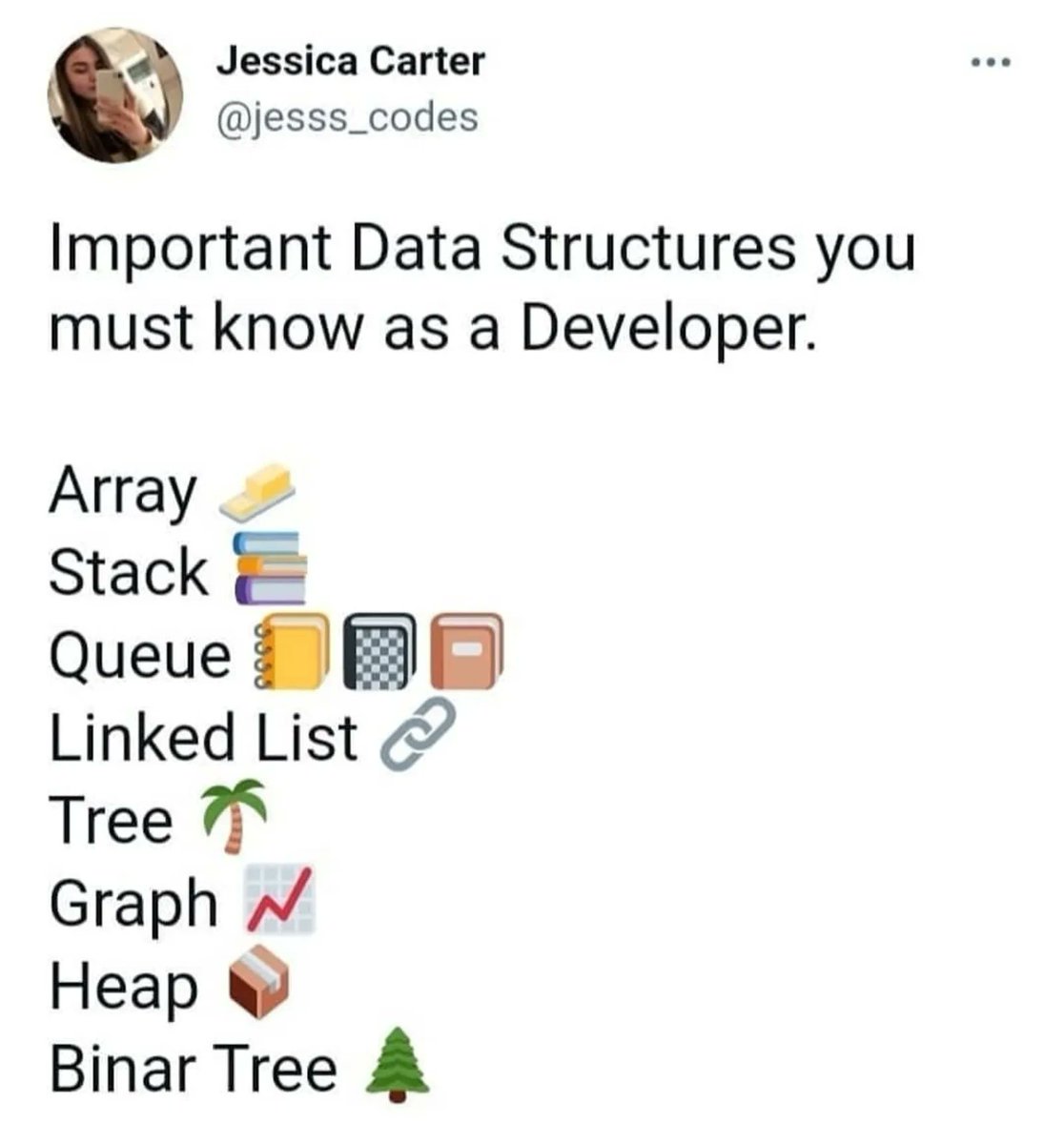 irishcode_dev's tweet image. Here you go, the data structure you must know as a developer ✌️
Repost @pycoders
Follow @irishcode_dev for more content!
__________
#datastructure #datastructures #array #stack #queue #linkedlist #graph #heap #binartree #webdevelopment #webdeveloper #codingisfun #buildtheweb