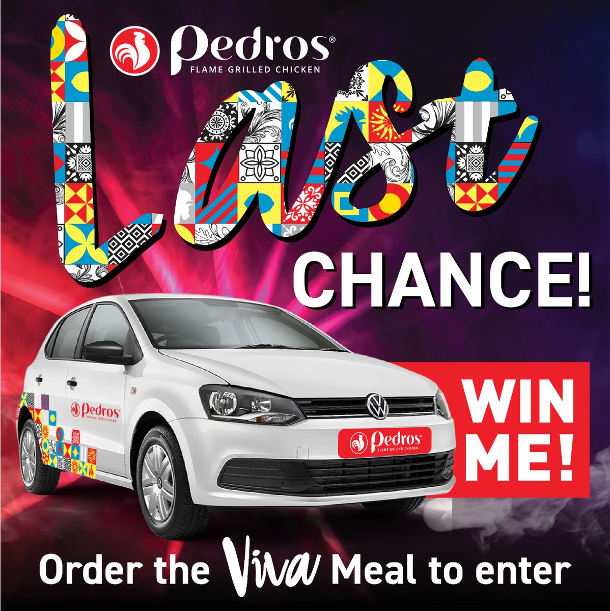 Last chance to WIN A CAR! Comp ends Sunday!
Also, we’re giving away 2 Viva Meals! AND they come with the chance to WIN A CAR!

For a chance to WIN a Viva Meal:
FOLLOW <a href="/PedrosChicken/">Pedros</a> 
LIKE this post
TAG 2 friends
RETWEET this post
 
(Viva Meal Winners announced Mon 17)
#VivaPedros