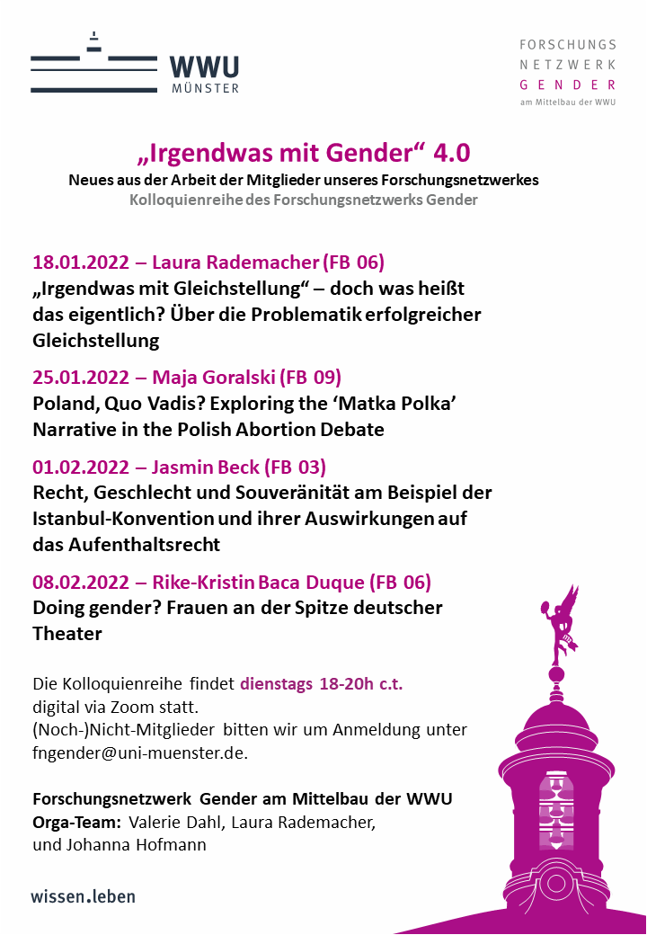 fngenderwwu's tweet photo. "Irgendwas mit Gender" 4.0 - Unsere jährliche Kolloquienreihe geht in eine neue Runde!

18.01. - 08.02.2022, immer dienstags 18-20h c.t. via Zoom.

Wir freuen uns auf interessante Vorträge, spannende Diskussionen und rege Teilnahme!

#fngenderwwu @WWU_Muenster https://t.co/bTIXOgFIks