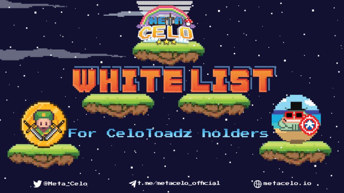 Meta_Celo's tweet photo. We will giveaway 5 random whitelists for CeloToadz NFT holders that:

1️⃣Follow @Meta_Celo X @c_toadzofficial
2️⃣Retweet &amp; Like
3️⃣Join both Discords
- CeloToadz:  https://t.co/0ljtUs7Bfd
- MetaCelo: https://t.co/jj60ATwIL7
4️⃣ Own CeloToadz NFT.           #MetaCelo #CeloToadz https://t.co/FbxCZjYMXS