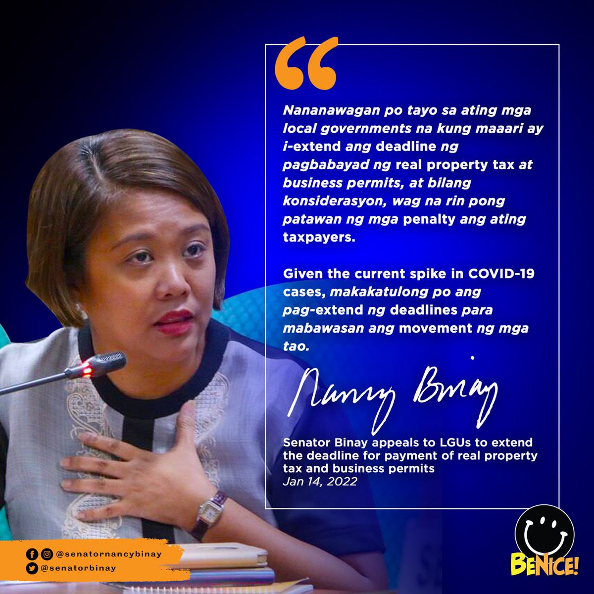 I appeal to our local government units (LGUs) to extend the deadline for payment of real property tax and business permits to avoid an influx of taxpayers amid the exponential surge of the Omicron variant.