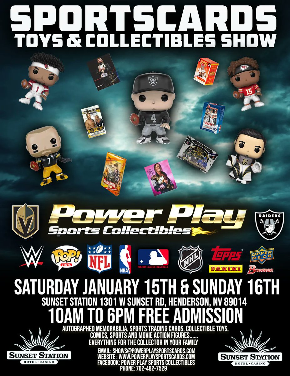 PPSCLV's tweet photo. Sportscards, Toys &amp; Collectibles Show
Sunset Station - January 15th &amp; 16th
10am to 6pm - Free Admission https://t.co/YlZnPaHnl9