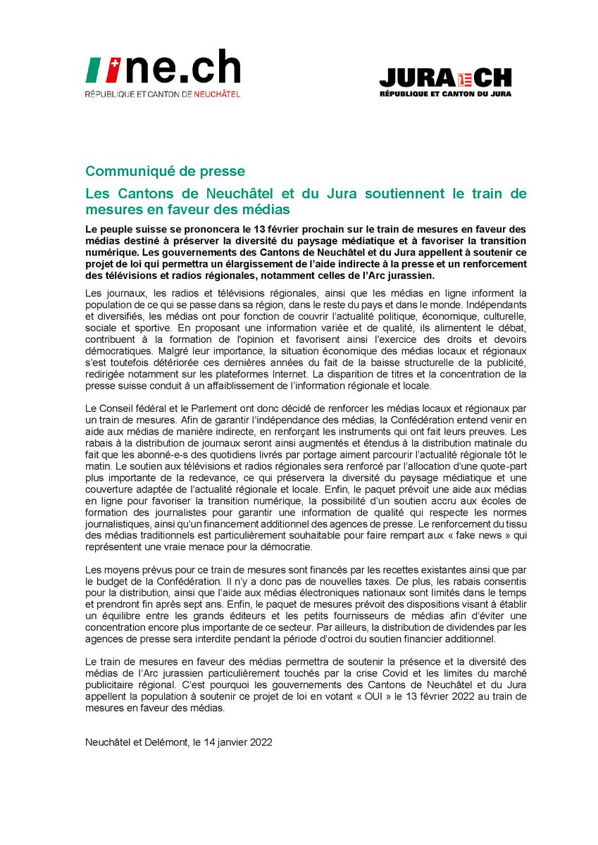 Etat_Neuchatel's tweet photo. Les Cantons de Neuchâtel et du Jura soutiennent le train de mesures en faveur des médias sur lequel le peuple suisse se prononcera le 13 février 2022. Communiqué commun => https://t.co/IIOWewSC2P @CantonduJura #aideauxmedias #arcjurassien #neuchatel #jura https://t.co/rDgAtylK5Z