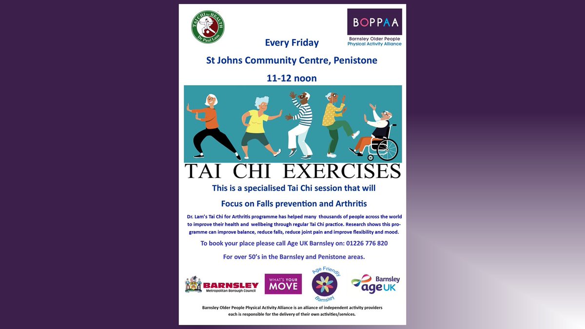 TAI CHI is back! @AgeUK_Barnsley run the sessions every Friday at St Johns Community Centre, Penistone.  For more information and to book your place, please contact them on 01226 776820.  
#agefriendlybarnsley #fallproofbarnsley #boppaa