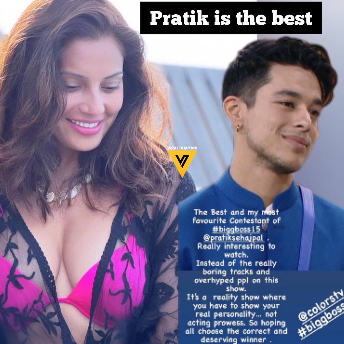 viralbhayani77's tweet photo. #BipashaBasu selects #PratikSehajpal as her favourite #BiggBoss15 contestant, calls him 'The best'
Do you agree with her? https://t.co/OSu4S0j7bq