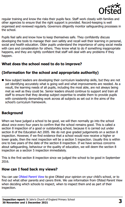 We are very proud to share the exceptionally good news that St. John's continues to be a 'Good' school. Thank you to the leaders, teachers, pupils, families, support staff, community team ... everyone at the school, past and present, who have contributed to this success!