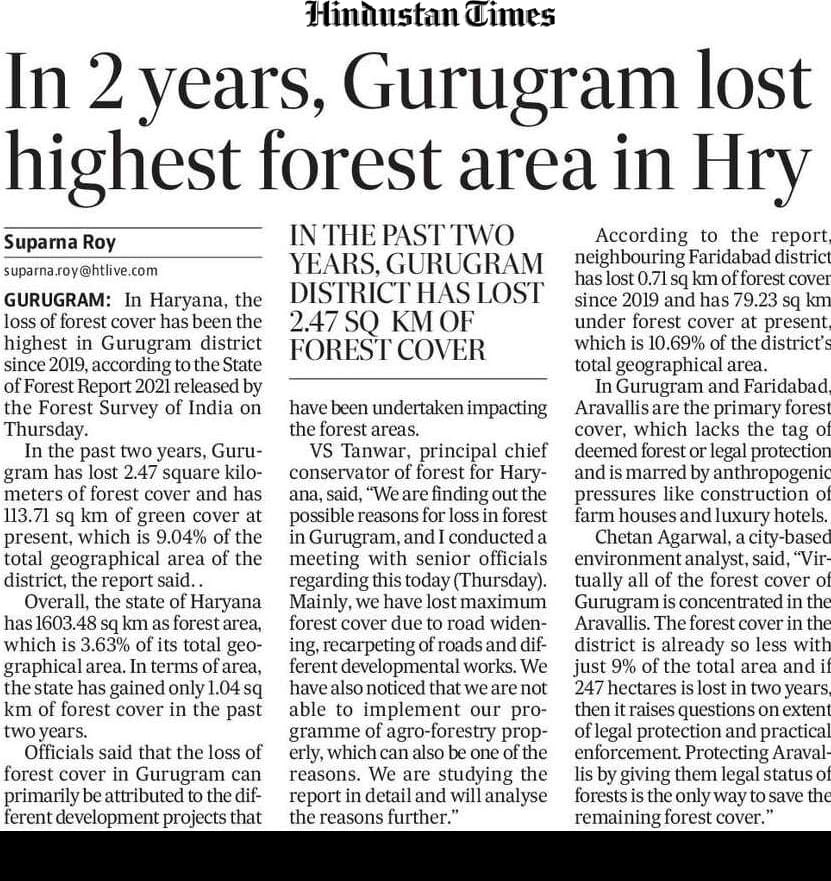 Drsarika005's tweet photo. Millennium City has lost forest area. Why? Because the government does not want to preserve #Aravallis We can choke in AQI > 300 on most days of the year, but property development is more important than Forest cover. Slow clap for all parents who keep quiet even now https://t.co/HM3KgM7rd2