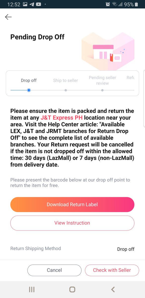 mipilish's tweet photo. @LazadaPH @asklazadaph 
Trying to return an item. But no barcode is showing or tracking number. Your virtual helper is of no use!! This is frustrating LAZADA!! And I only have 6 days left to return the item. I tried to download but it was showing error message. https://t.co/2fzfKjK752