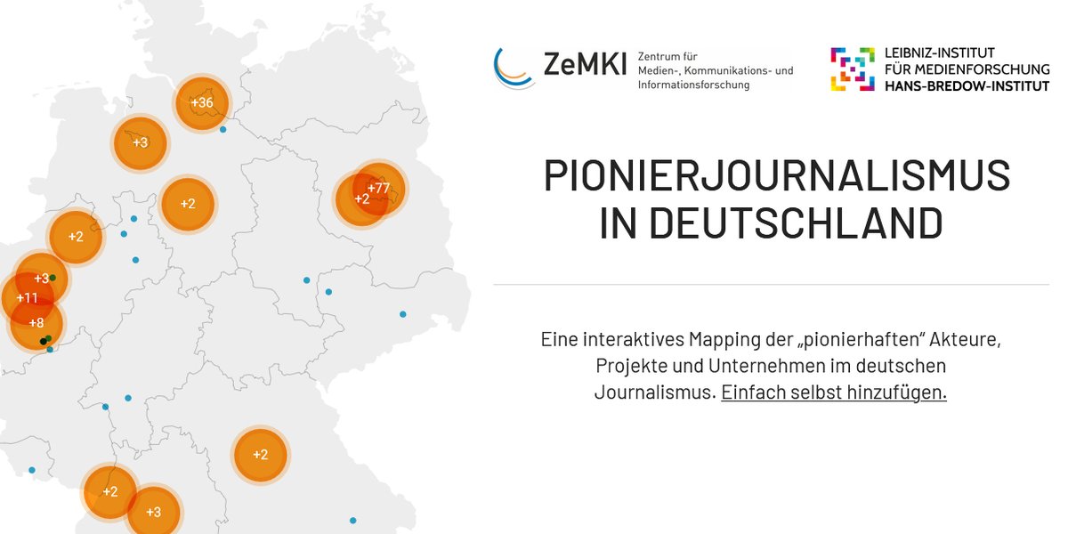 Pionierjournalismus auf einen Blick! Eine neue Website visualisiert innovative journalistische Projekte auf einer interaktiven Deutschlandkarte. Sie entstand in Kooperation mit dem <a href="/ZeMKI_Bremen/">ZeMKI</a>. User:innen sind eingeladen, sie eigenständig zu erweitern. 
pioneerjournalism.org
