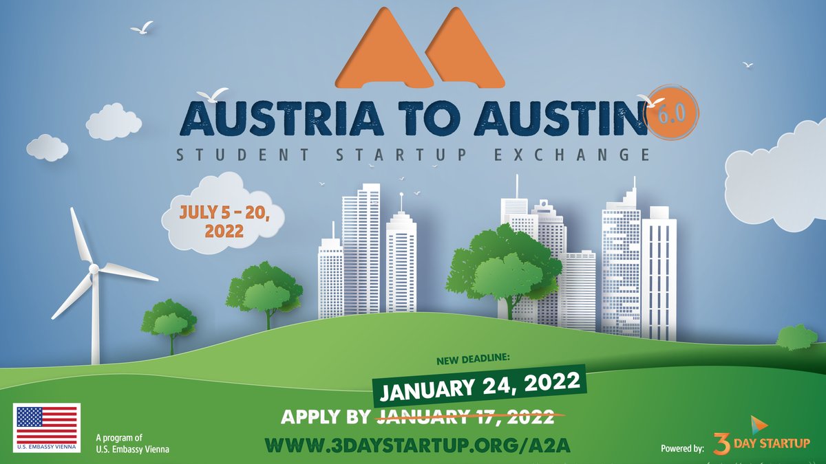 usembvienna's tweet image. 🇦🇹🛫🇺🇸 Are you interested in joining #Austria2Austin but need a little more time to apply? 
🗓️ The deadline has been extended! Now you have until January 2⃣4⃣ to submit your application.
➡️ 3daystartup.org/a2a/