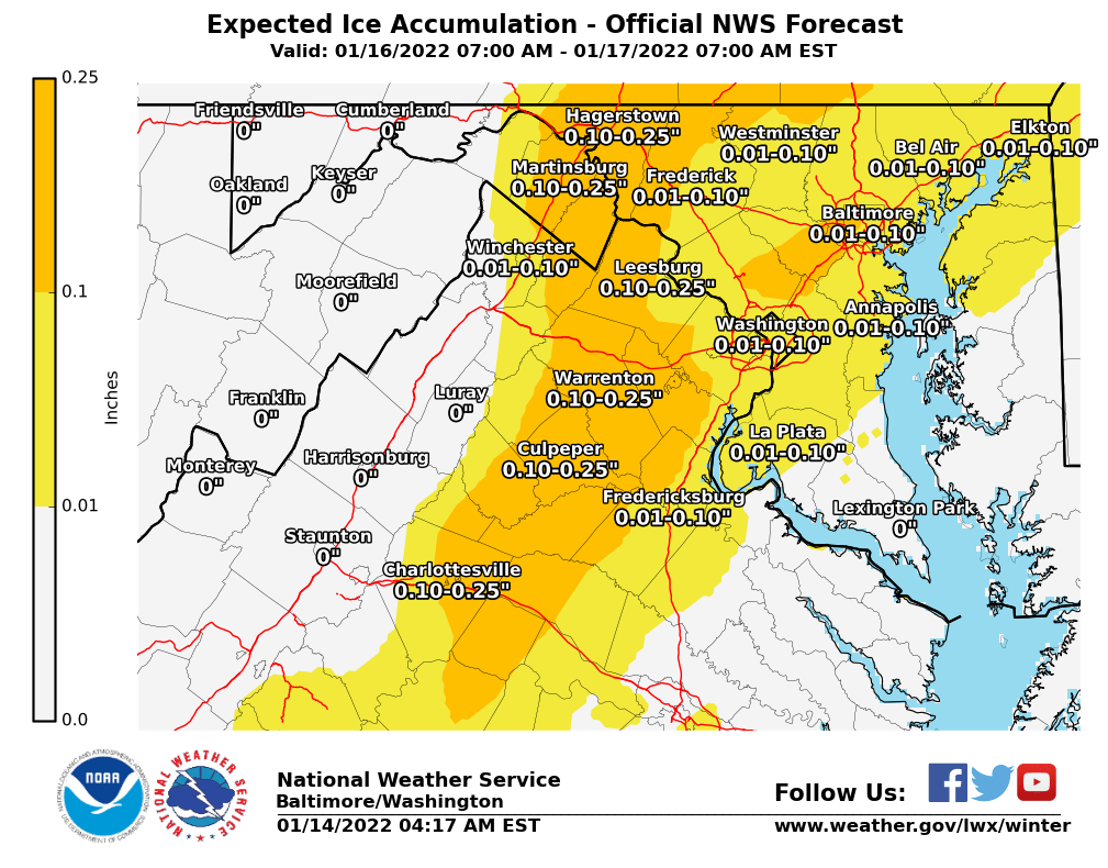 NWS_BaltWash's tweet photo. Winter Storm Watch now in effect Sunday afternoon and Sunday night for locations near and west of U.S. Route 15. Heavy snowfall and ice is possible further east, but confidence remains lower - however, the watch could be expanded if that changes. Be ready for winter wx Sunday https://t.co/QnB3AKJw26