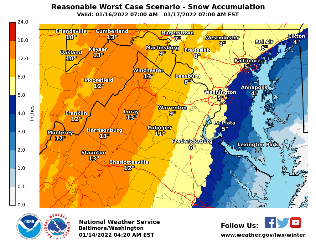 NWS_BaltWash's tweet photo. Winter Storm Watch now in effect Sunday afternoon and Sunday night for locations near and west of U.S. Route 15. Heavy snowfall and ice is possible further east, but confidence remains lower - however, the watch could be expanded if that changes. Be ready for winter wx Sunday https://t.co/QnB3AKJw26