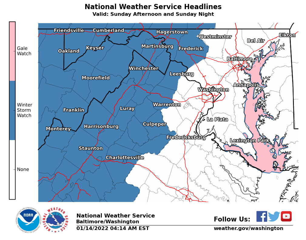 NWS_BaltWash's tweet photo. Winter Storm Watch now in effect Sunday afternoon and Sunday night for locations near and west of U.S. Route 15. Heavy snowfall and ice is possible further east, but confidence remains lower - however, the watch could be expanded if that changes. Be ready for winter wx Sunday https://t.co/QnB3AKJw26