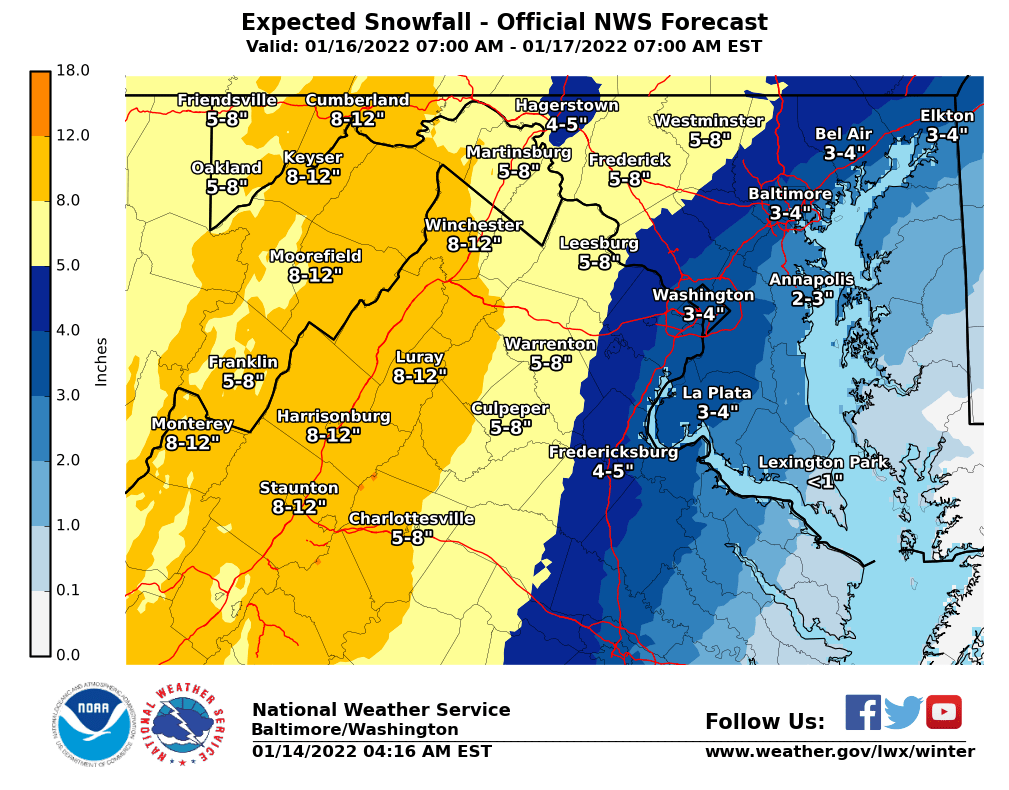 NWS_BaltWash's tweet photo. Winter Storm Watch now in effect Sunday afternoon and Sunday night for locations near and west of U.S. Route 15. Heavy snowfall and ice is possible further east, but confidence remains lower - however, the watch could be expanded if that changes. Be ready for winter wx Sunday https://t.co/QnB3AKJw26