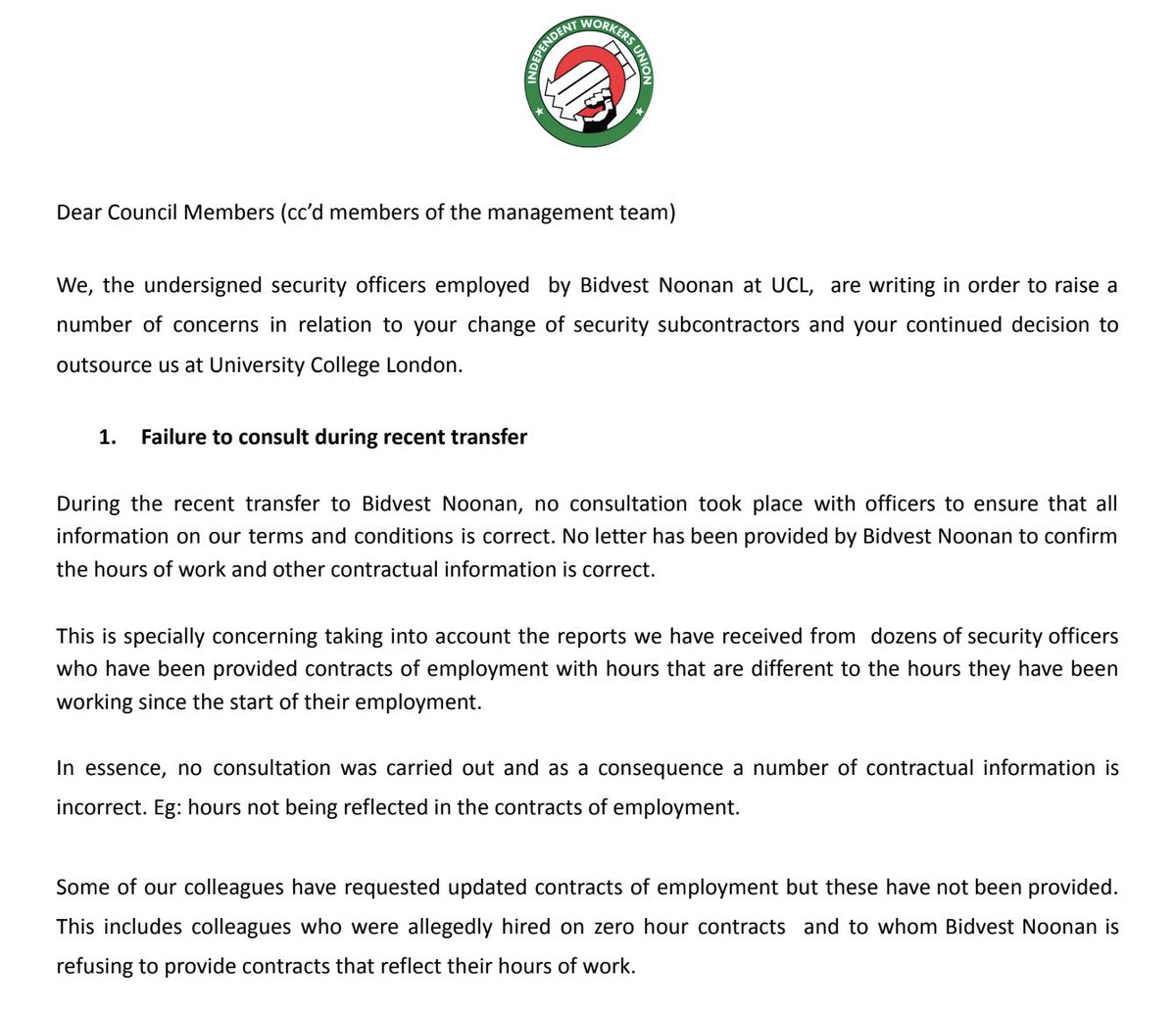 IWGBUoL's tweet image. On 21 December, 135 UCL security guards sent a letter to the @ucl Council in complaint over the continued outsourcing of services and its consequences on the livelihood of hundreds of workers. To date, they haven’t had a response. These are some of the problems we are facing🧵
