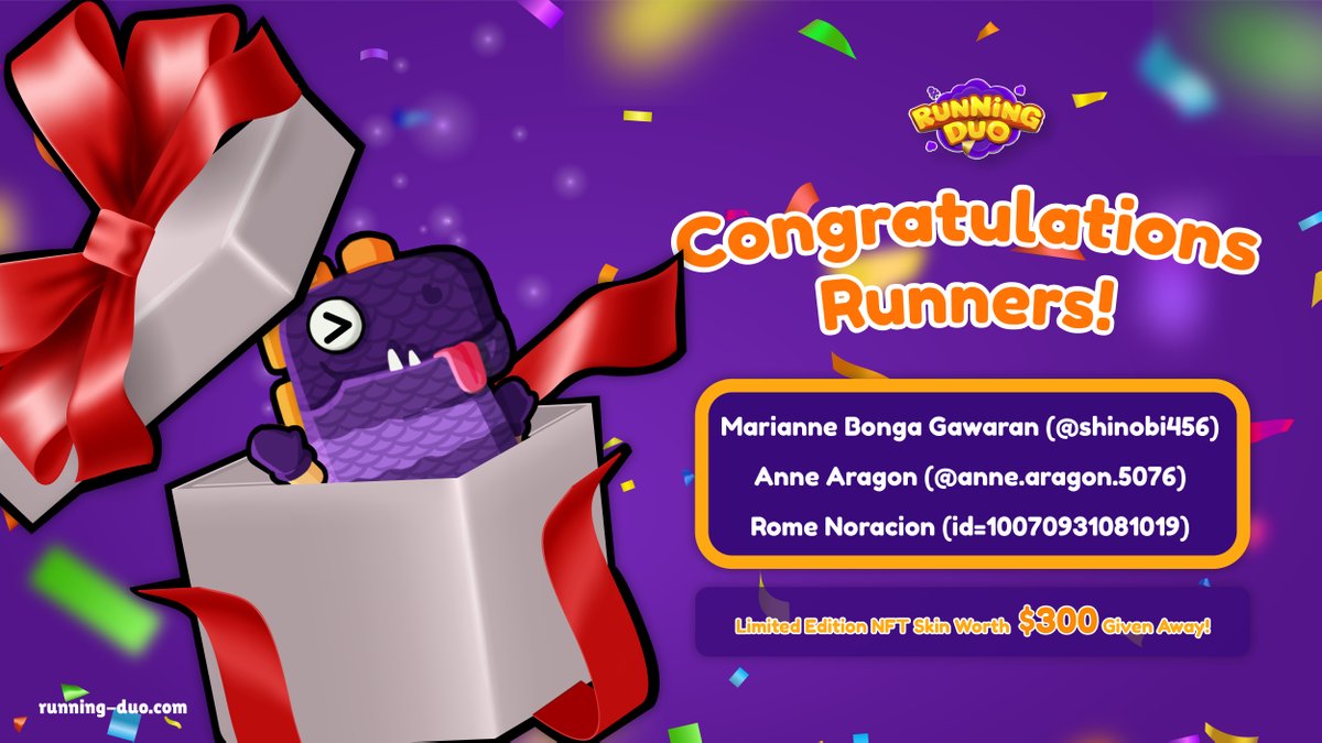 runningduo_NFT's tweet photo. Congratulations to the 3 lucky winners of our first giveaway! 😎

@RomyoracionRomy @mommymarianne21 @AnneAragon13

Follow us &amp; stay tuned for more!

🎮 Join us now:
https://t.co/7fRvf4A7Ak

Official site:
🌐 https://t.co/hfLrcOUifH

#RunningDuo #Play2Earn #NFTGame #CookingGame https://t.co/0u3oslEquH