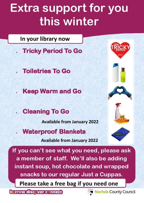 YarmouthLib's tweet photo. Norfolk Libraries are offering extra support this winter, if you know someone in need, please let them know about this free service.
#WarmAndWell #TrickyPeriod #ToiletriesToGo https://t.co/WyqtsRo8QU