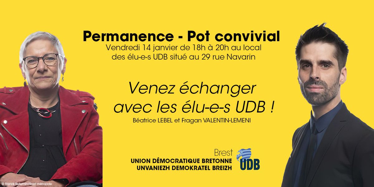 [Permanence/Pot convivial] 

Les élu-e-s UDB tiendront une permanence ce vendredi 14 janvier.

Venez échanger avec eux de 18h à 20h au local des élu-e-s situé au 29 rue Navarin.

#Brest #UDB