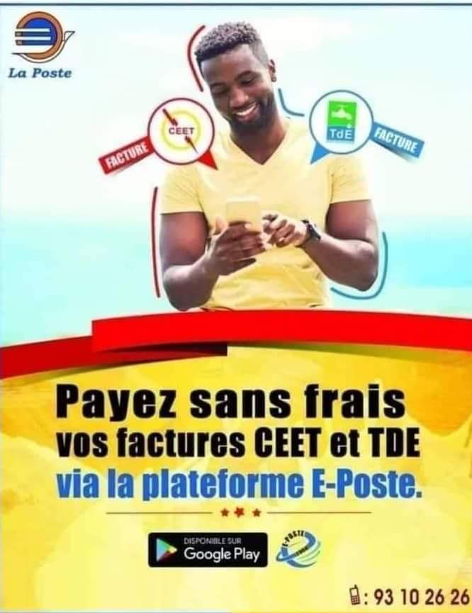 LaPosteTG's tweet photo. Payez facilement vos factures CEET et TDE depuis chez vous via notre application E-POSTE, téléchargeable dans Google Play Store et App Store 

La Poste,... au cœur des communautés ! 

Excellente journée à vous 🥰🥰

#laposte #Eposte  #Factures #CEET #TDE #StopCoronavirus🦠 https://t.co/XutGrnWqWR