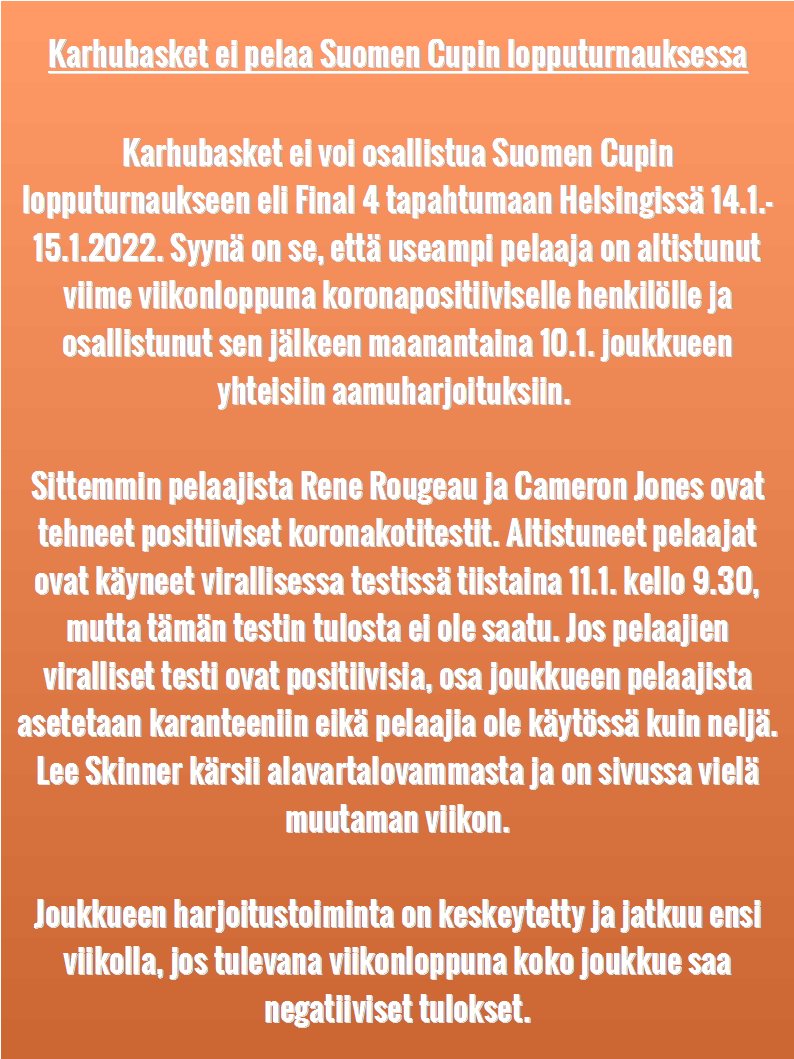 Karhubasket's tweet photo. Emmä valitettavasti pysty osallistumahan tänehtoona Suomen Cup-välierähän. Tsemppiä turnauksehen @VilpasVikings, @GullsBasketball ja @lahtibasketball! 
#Korisliiga #FearTheBear #OranssiOnMeirän https://t.co/jGrFLconRM