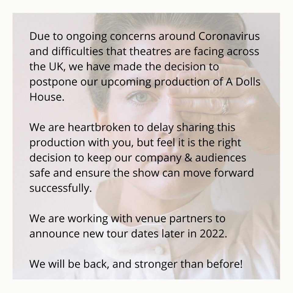 ElysiumTc's tweet photo. Very sad to announce the postponement of #ADollsHouse due to uncertainty over #Covid, but we are close to completing its rescheduling. Watch this space! @NETheatreGuide @NETheatre @narc_magazine @the_Crack @QueensHall @attheexchange @AlnPlayhouse @BarneyWitham @GoCivTheatre https://t.co/1n4GSIkqVT