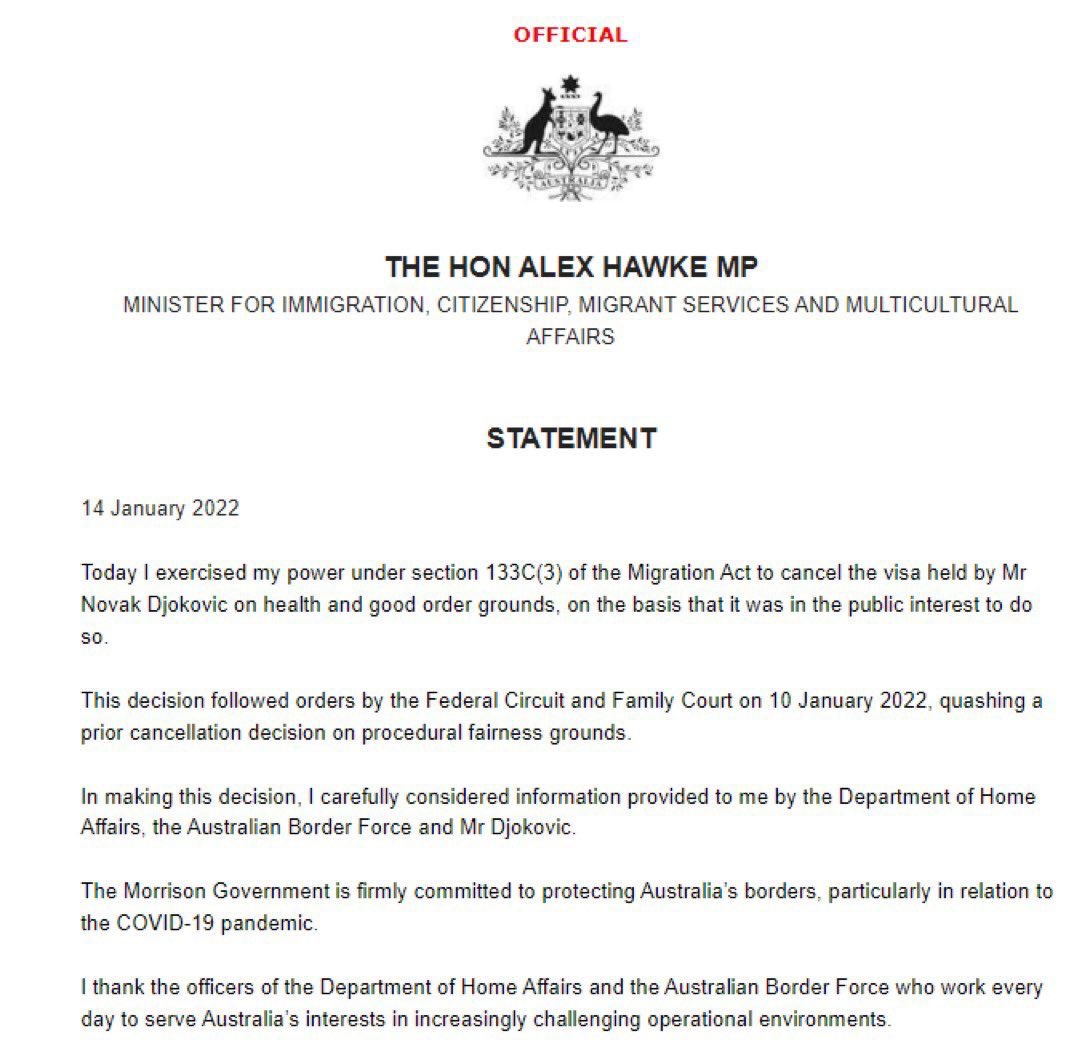 patron involveret offset Armstrong Williams on Twitter: "Novak Djokovic Visa cancelled again by  Australian immigration minister. Absolutely insanity. 1 day after the  official draw is out. The Australian government must be scrutinized and  held accountable