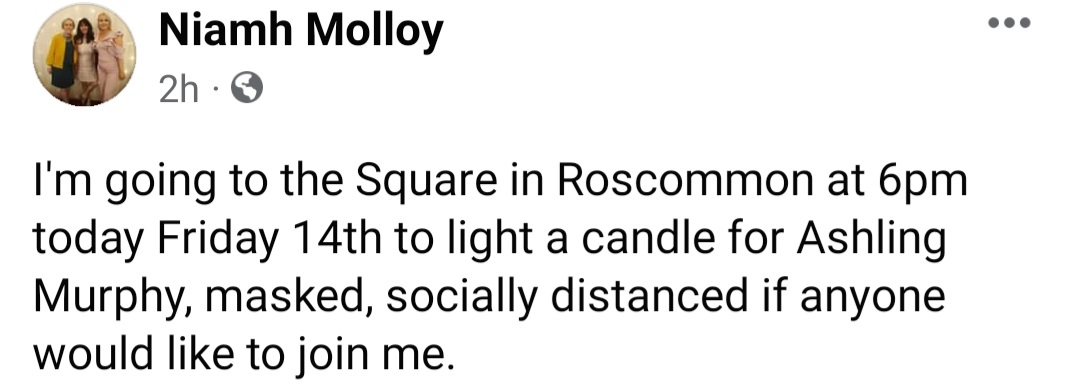 dan_dooner's tweet image. Was asked to share this. Local woman has invited people to join in Roscommon vigil tonight at 6pm. #AshlingMurphy #shewasgoingforarun