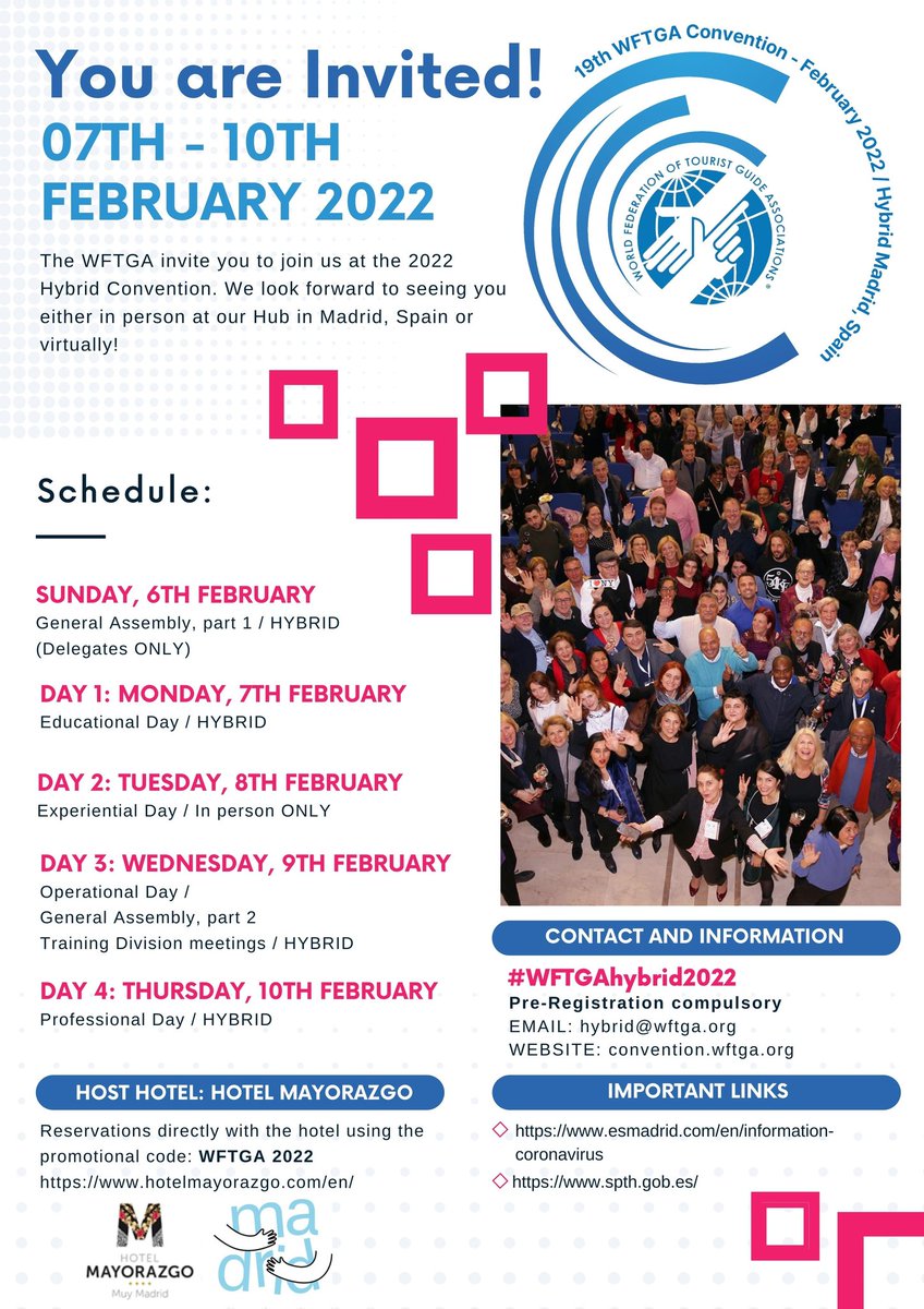 WFTGAofficial's tweet photo. Are you joning us? In person at our hub in Madrid or virtually.... #WFTGAhybrid2022 Pre-registartion compulsory #touristguides https://t.co/bgE7I0p3bA