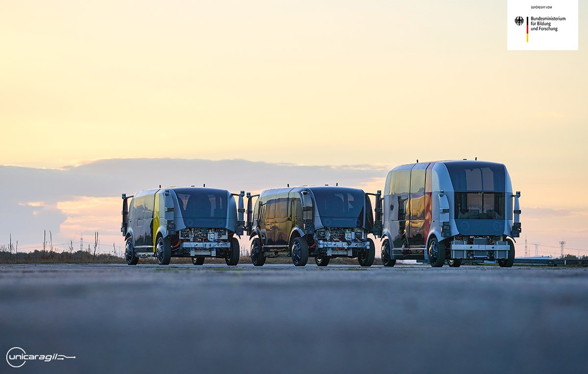 UNICARagil's tweet photo. A special thanks goes to our colleagues at @TUDarmstadt who captured a wonderful (almost complete) family picture of the UNICARagil vehicles during sunset.

#autoTAXI #autoELF #autoSHUTTLE 
#UNICARagil #autonomousvehicles #eMobility #future #automateddriving https://t.co/Bzw7H5oWWB