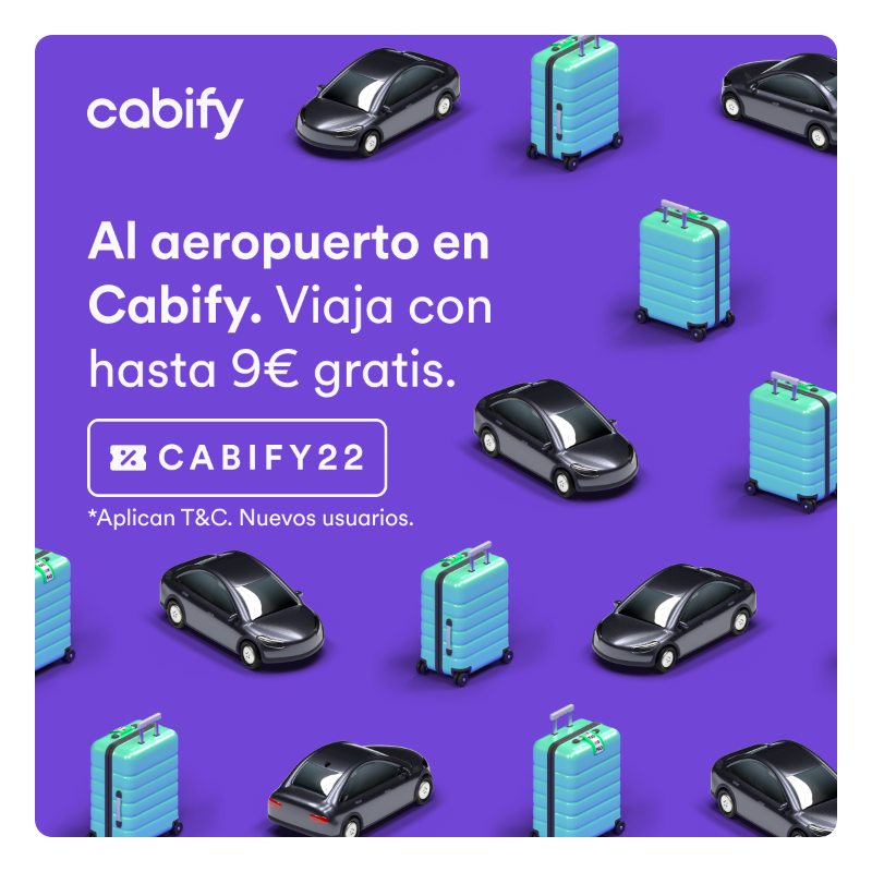 cabify_espana's tweet photo. ✈️ Tu viaje  hasta el aeropuerto con descuento. Descarga Cabify y usa el código: CABIFY22