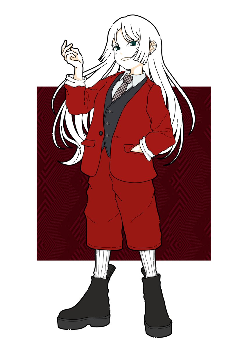 solo long hair 1girl necktie hand in pocket suit formal  illustration images