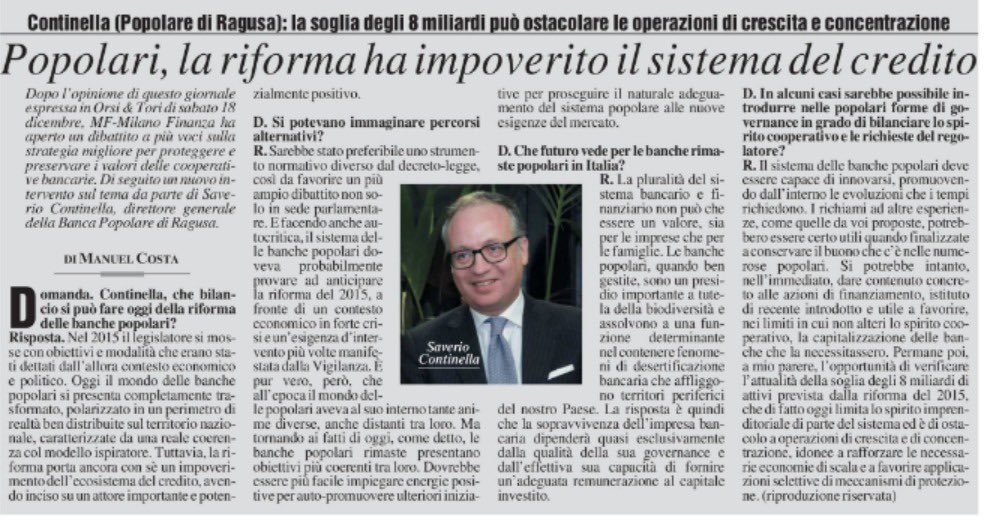 cominandpa's tweet photo. "La pluralità del sistema bancario e finanziario è un valore sia per le imprese che per le famiglie. Le banche popolari, quando ben gestite, sono un presidio importante e assolvono a una funzione determinante" - Su @MilanoFinanza l'intervista a Saverio Continella, DG #BAPR https://t.co/LQGqAbI107