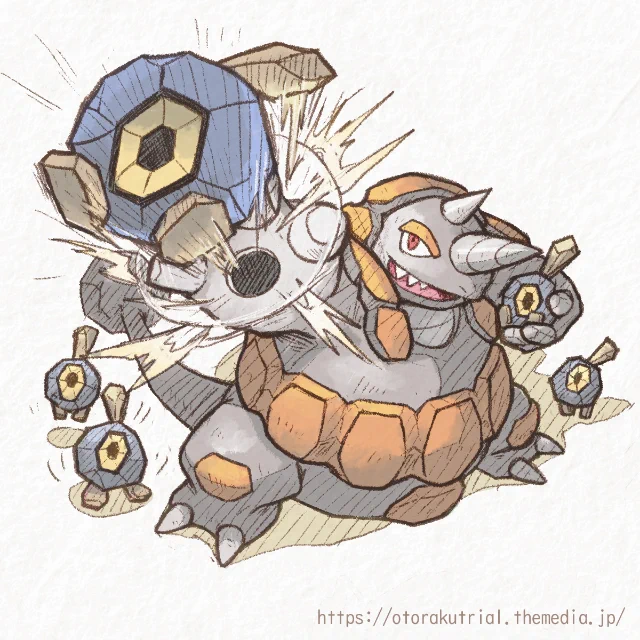 ポケモン描いてみました・その51
ダンゴロたちの、「誰が一番遠くまで飛べるか選手権」を、お手伝いするドサイドンおいちゃん。

#ポケモンイラスト 
#ドサイドン #ダンゴロ 