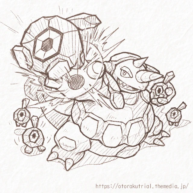 ポケモン描いてみました・その51
ダンゴロたちの、「誰が一番遠くまで飛べるか選手権」を、お手伝いするドサイドンおいちゃん。

#ポケモンイラスト 
#ドサイドン #ダンゴロ 