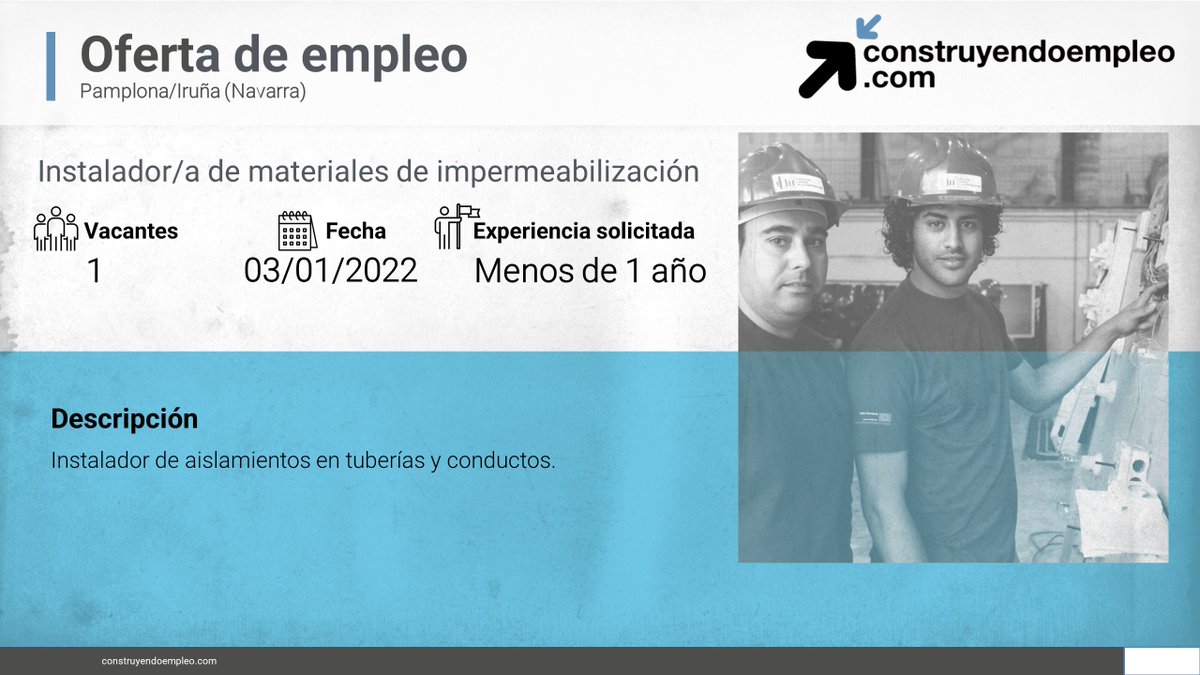 ⚠ Consulta nuestro portal de empleo, y conoce las vacantes en el sector.
💼 Auxiliar de oficina técnica, Murcia
💼 Instalador/a de materiales de impermeabilización, Pamplona/Iruña
💼 Encofrador/a, Tarancón
construyendoempleo.com/#/mainPage