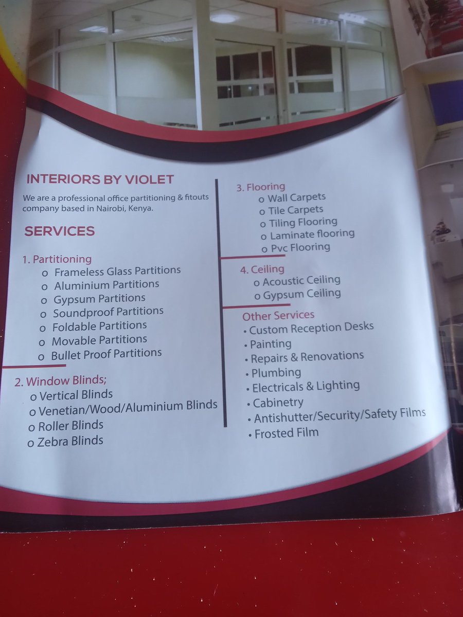 InteriorsbyVIO's tweet photo. @bevalynekwambo3 Keep winning gal.Waiting to transform your space ,praying you get soon .we do office partitions ,flooring and ceilings @InteriorsbyVIO 
Call on 0712833178 for inquiries https://t.co/5hw8XE3DKX