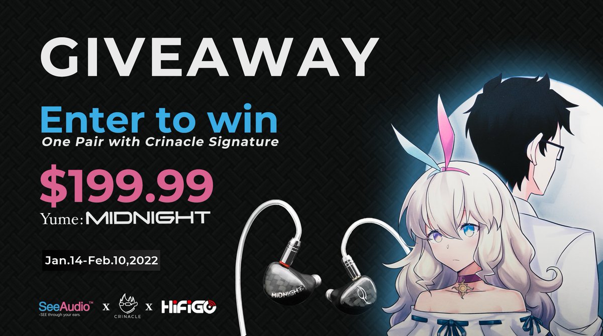 To celebrate the launching of See Audio Yume Midnight, we are co-hosting with 
 <a href="/crinacle/">crin</a> to giveaway a unit of the brand new Yume: Midnight. It will be signed by the tuner himself, Crinacle!

To participate:
hifigo.com/pages/seeaudio…
#HiFiGo #Giveaway #seeaudio