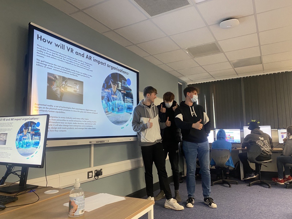 ExeCollBIT's tweet photo. After a session last week using @Microsoft #HoloLens 2 and @htcvive Cosmos the #TLevel group consider the uses of augmented reality and virtual reality now and in the future by producing excellent presentations. Well done all! @ExeterCollege @TechExeter @Pearson_UK @TLevels_govuk https://t.co/xuXxqLLYrb
