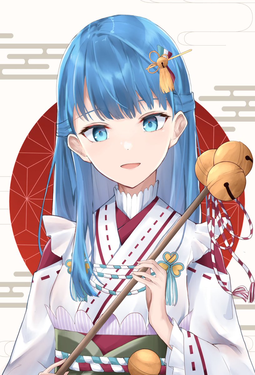 1girl solo japanese clothes blue hair blue eyes kimono bell  illustration images