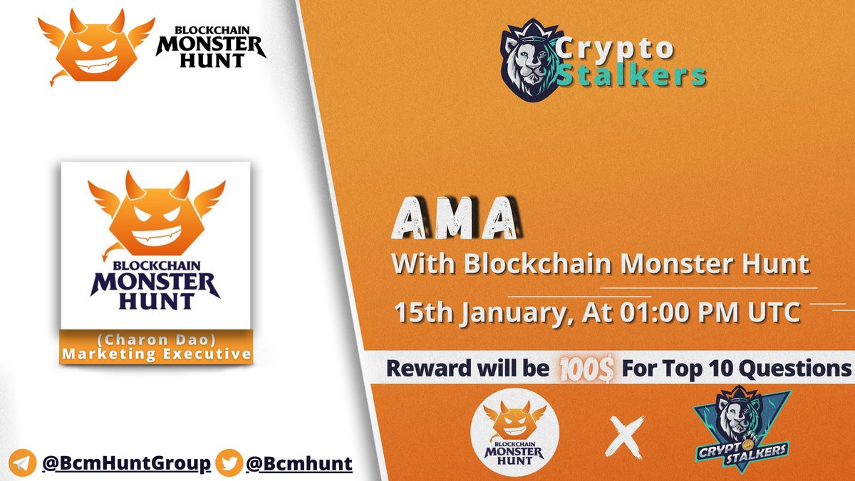 Zain_Onchain's tweet photo. 📢 We're thrilled to announce our next #AMA with @bcmhunt on 15th Jan at 1:00 PM UTC

💰 Reward Pool: 100$
📍 Venue: https://t.co/i30P1fX6MO
〽️ Rules:
✅ Follow @StalkersCrypto &amp; @bcmhunt 
✅ Like &amp; Retweet
✅ Comment Questions &amp; Tag 3 Friends with BEP20 address https://t.co/8hRBYR0WFh