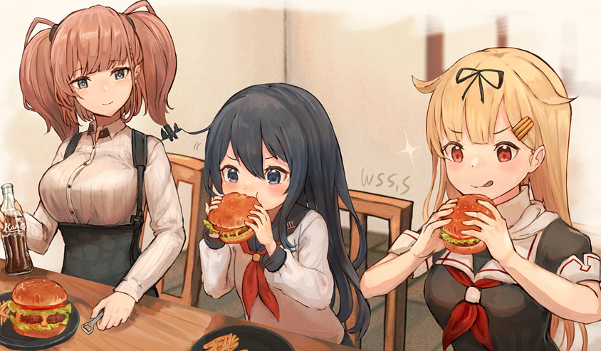 akatsuki (kancolle) ,atlanta (kancolle) ,yuudachi (kancolle) ,yuudachi kai ni (kancolle) 3girls multiple girls food burger serafuku school uniform long hair  illustration images