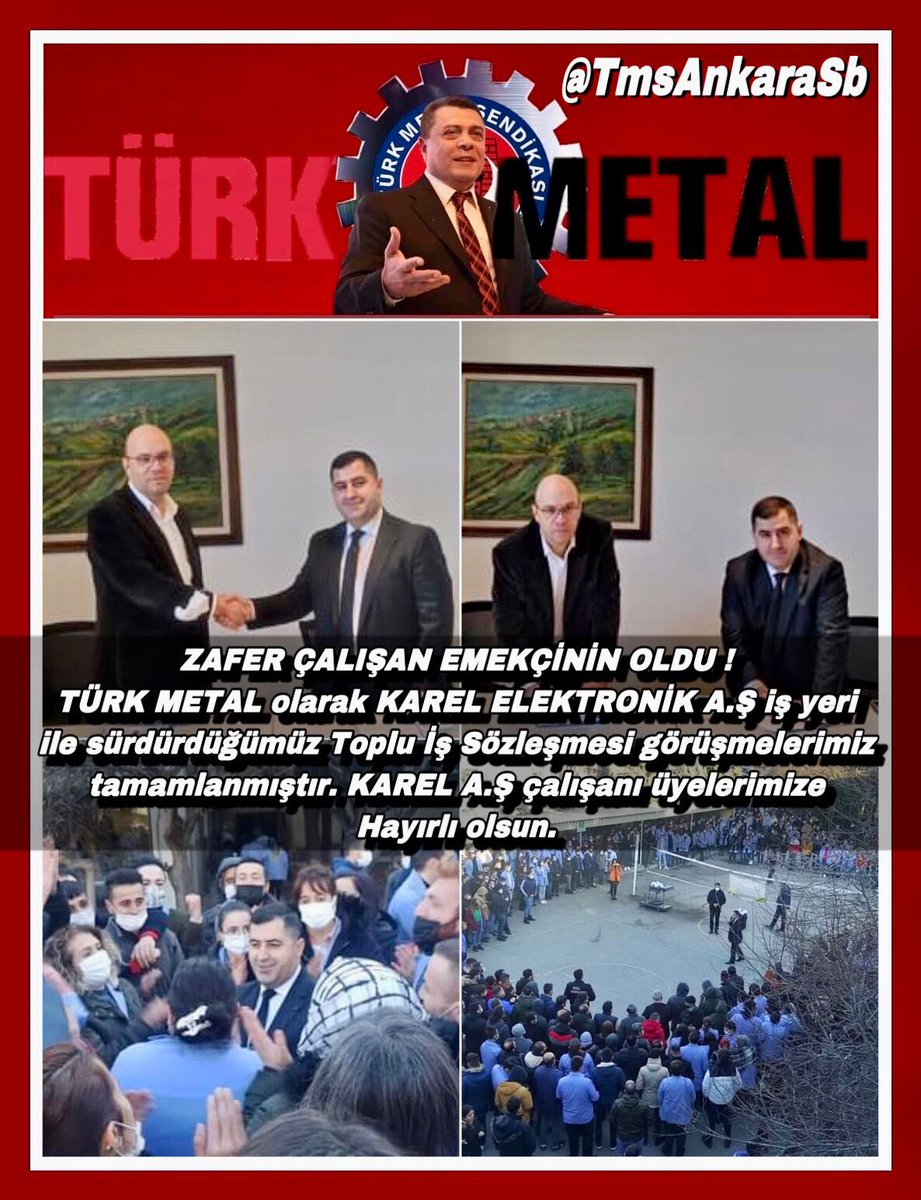 ZAFER ÇALIŞAN EMEKÇİNİN OLDU !
Türkiye'nin en güçlü sendikası TÜRK METAL olarak KAREL ELEKTRONİK A.Ş iş yeri ile sürdürdüğümüz Toplu İş Sözleşmesi görüşmelerimiz kardeşlerimizin büyük kazanımları sağlanarak karşılıklı anlaşma ile tamamlanmıştır. 
#GUCLUTURKMETAL
#PEVRULKAVLAK