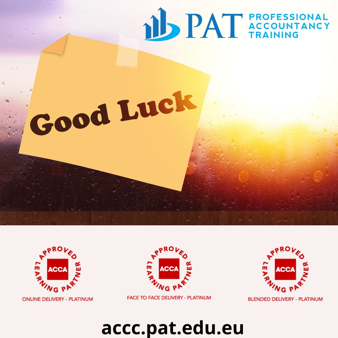 studywithPAT's tweet photo. Good luck to all ACCA students receiving their exam results on Monday. With PAT you have a 100% Pass Guarantee. No pass, no problem – come back and take the course again at no cost! #passwithPAT #studywithPAT #accaexams #acca https://t.co/A26q3rMLGC