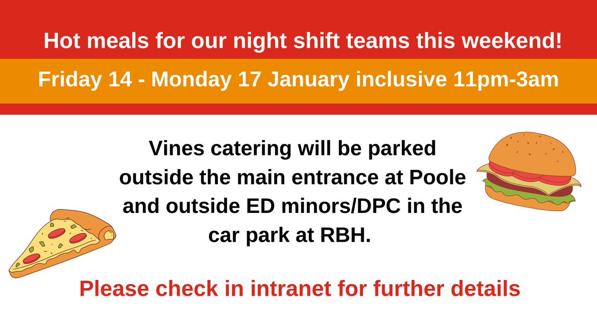 UHD_NHS's tweet photo. There have been changes to our hot food offering for night-shift staff this weekend! There will now be delicious food offerings on both our sites solely from Vines catering🍕🍔Check the staff intranet for details on the offerings and on how you can pre-order your meals from 9PM. https://t.co/NDCle5Ys2t