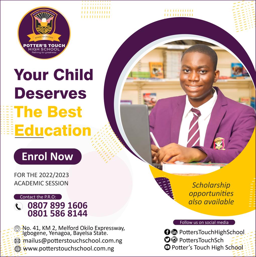 potterstouchsch's tweet photo. Potter's Touch High School's admission is now open into Year 7 - Year 10, for the 2022 - 2023 academic year.

For admission enquiries, kindly contact the P.R.O on 08078991606, 08105868144
#PTHSAdmission #pths #refiningforgreatness https://t.co/bLo205Cot3