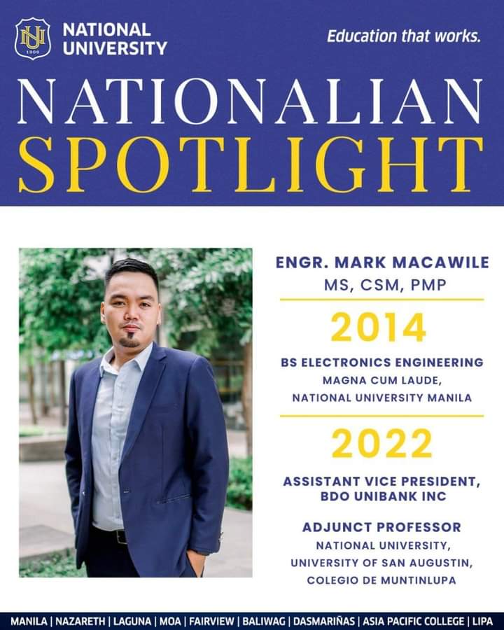 NULipaPH's tweet photo. Engr. Mark Macawile is one of National University’s prime examples of how #EducationThatWorks can be the stepping stone for you to achieve your dreams.

📱💻 Follow us on our social media platforms at:

NU Website: https://t.co/rKBOnurrX0

Facebook: https://t.co/qpdbGaFVKh https://t.co/LNgxYTM0Ra
