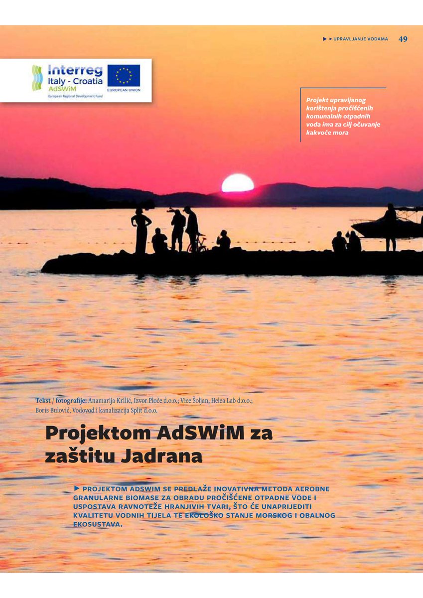 AdswimProject's tweet photo. A three-page article on #AdSWiM project was published on the Hrvatske Vode Interdisciplinary journal thanks to the 🇭🇷 partners Izvor Ploče Doo and Vodovod i kanalizacija Split. It focuses on the Aerobic Granular Sludge Technology  application in #wastewater urban treatment. 🌊🔝 https://t.co/LSoi3wpfm5